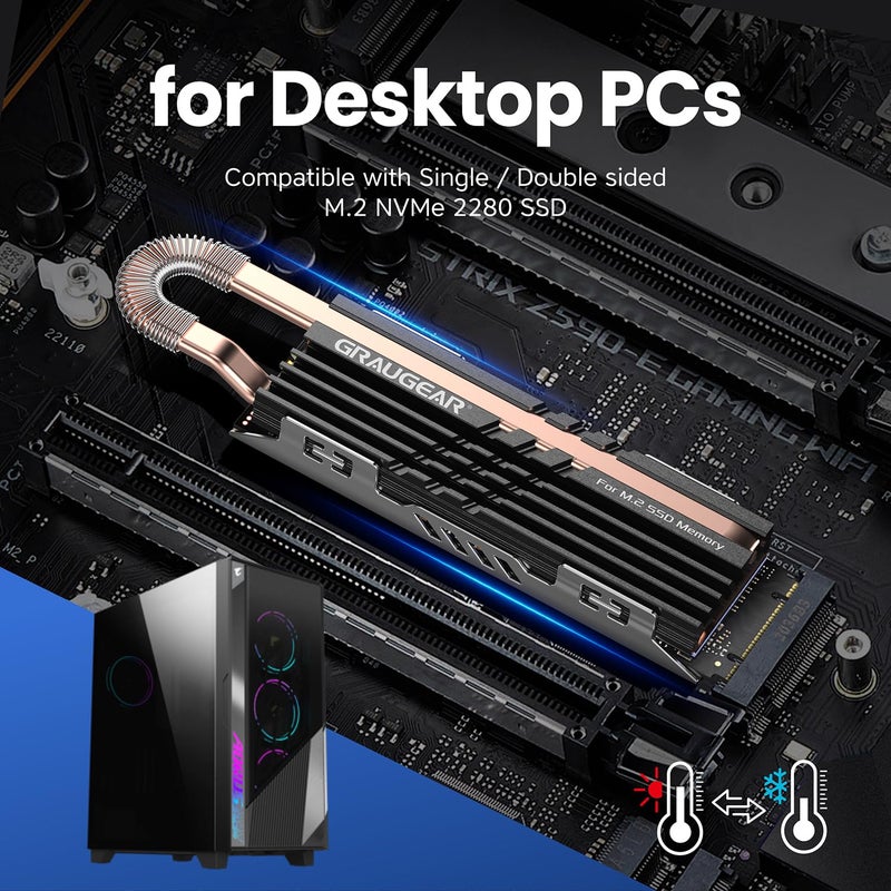 GRAUGEAR Heat Pipe Cooler for M.2 SSD Memory Extension, M.2 2280 NVMe SSD Heatsink, Pure Copper Heat Pipe, Premium Aluminum Plate-Fin Design, Thermally Conductive Graphite on Copper Foil - Image 5